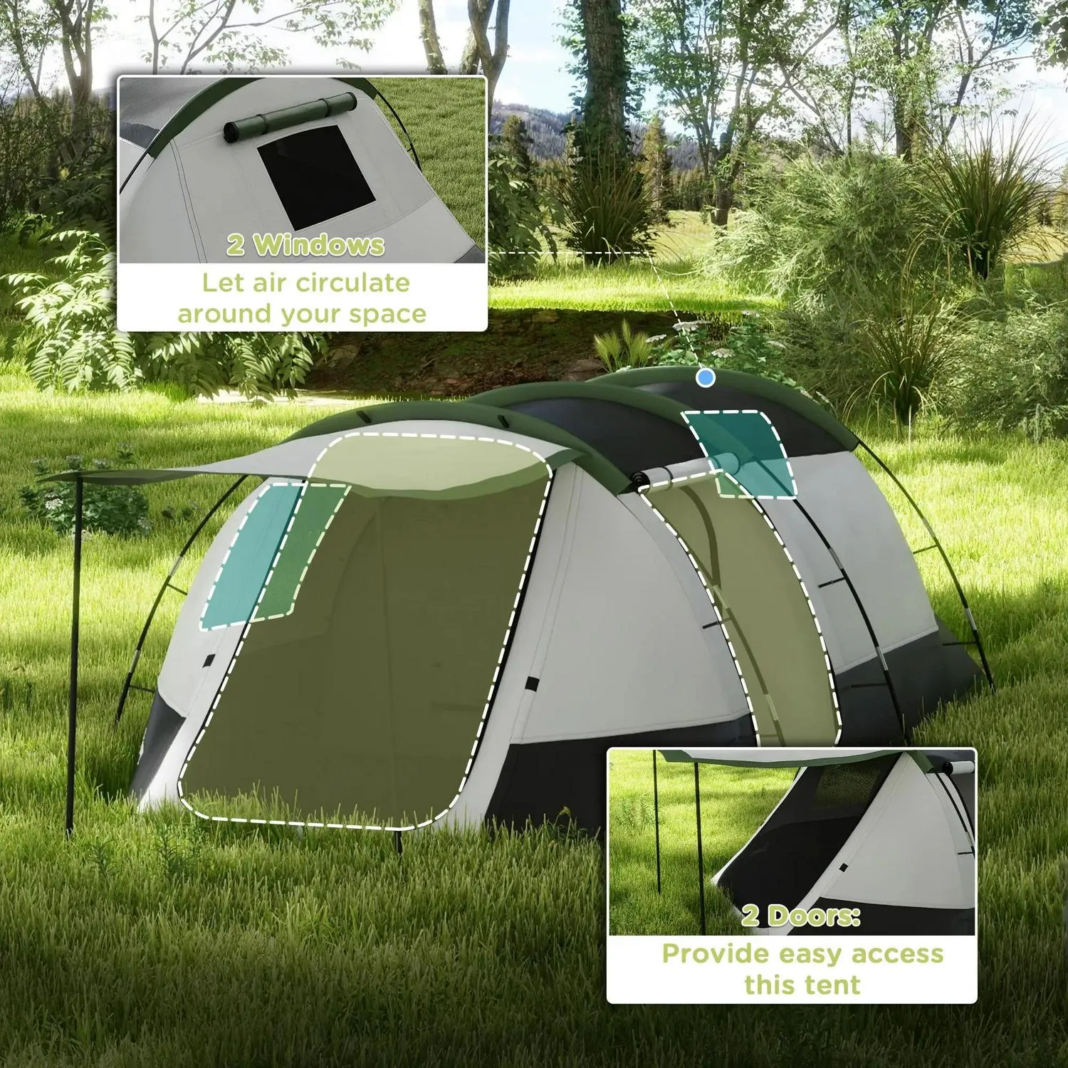 And Green Outsunny With - Three-Man Multi-purpose Tent, Two Fully automated Camping Porch Rooms