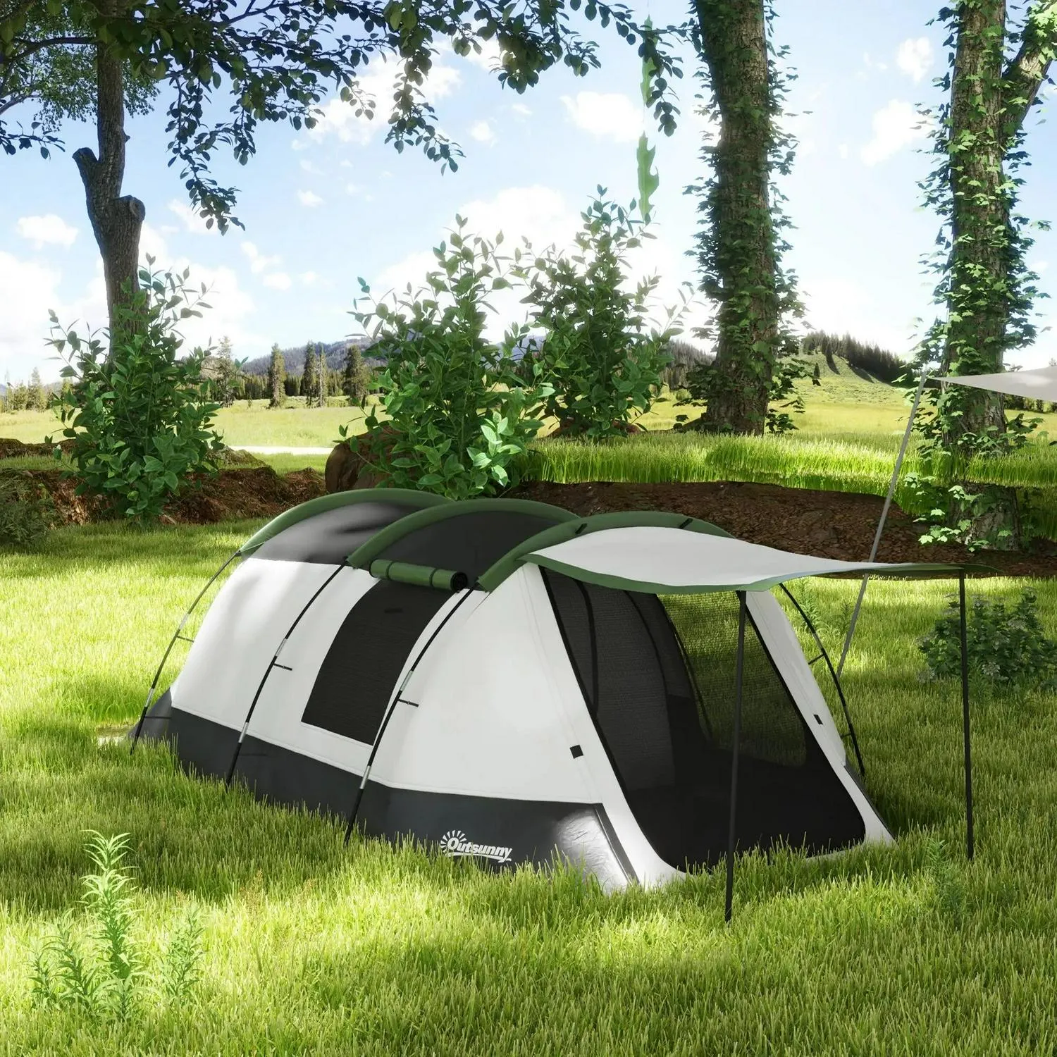 And Green Outsunny With - Three-Man Multi-purpose Tent, Two Fully automated Camping Porch Rooms