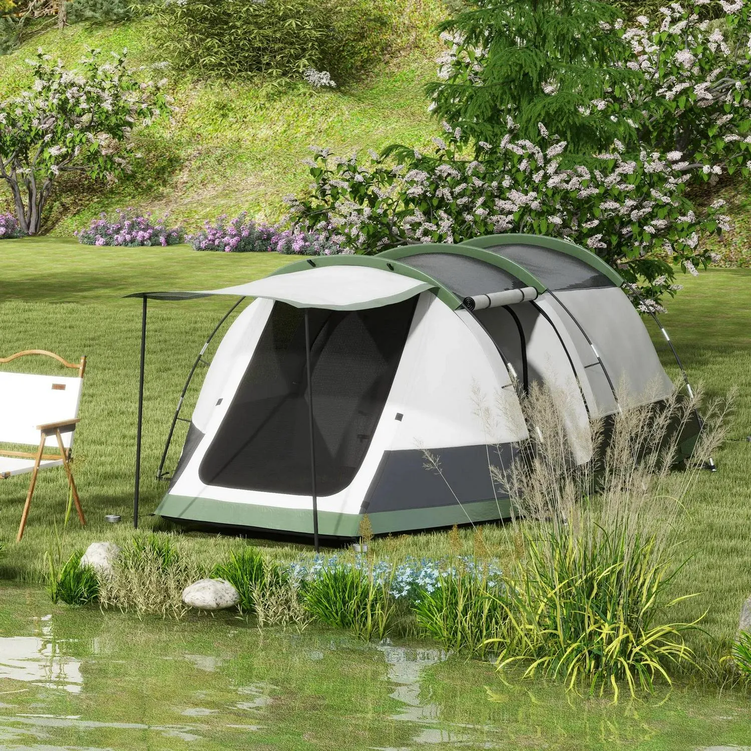 And Green Outsunny With - Three-Man Multi-purpose Tent, Two Fully automated Camping Porch Rooms