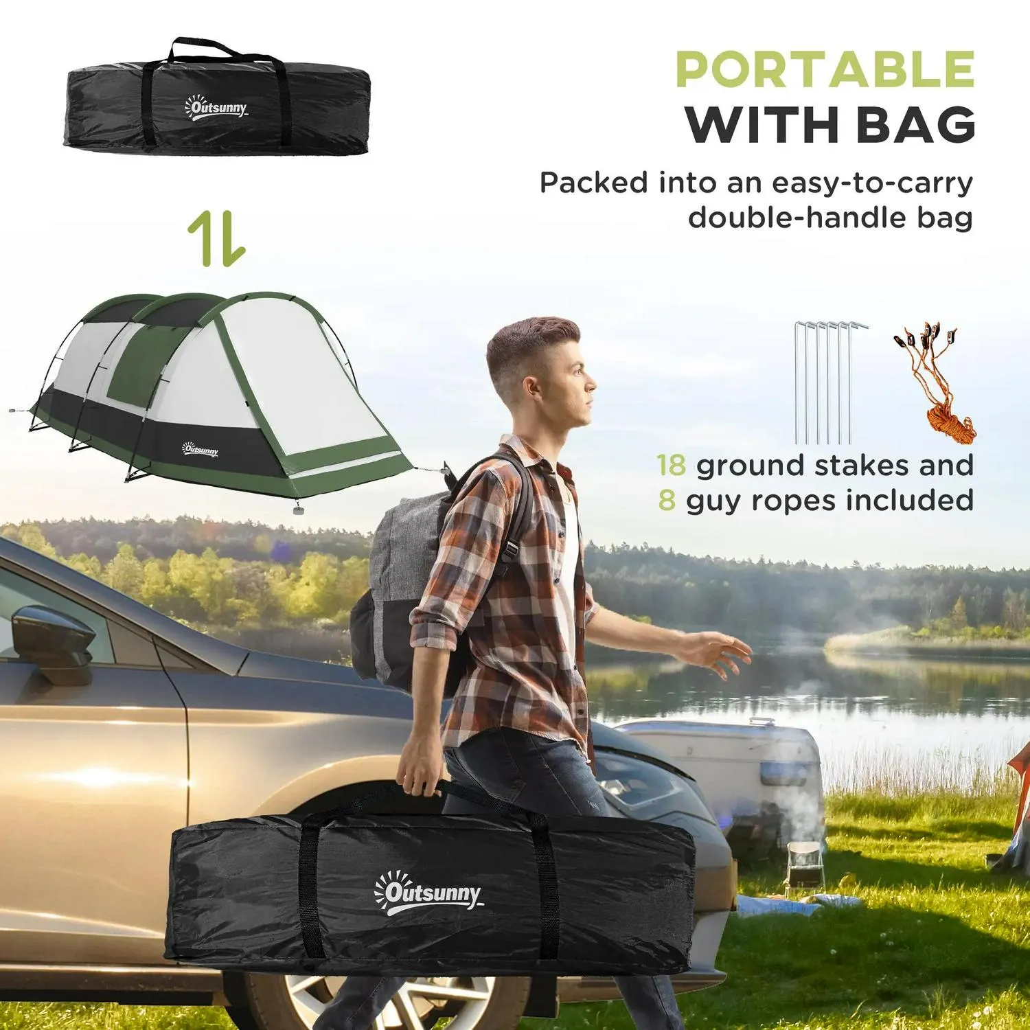 And Green Outsunny With - Three-Man Multi-purpose Tent, Two Fully automated Camping Porch Rooms