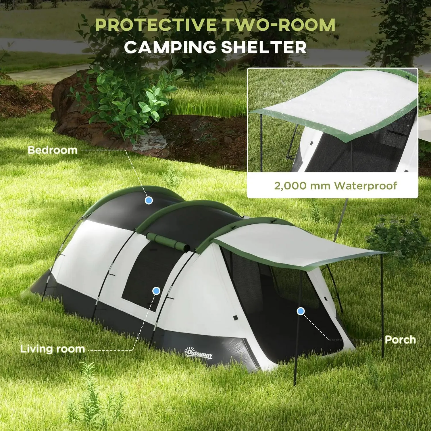 And Green Outsunny With - Three-Man Multi-purpose Tent, Two Fully automated Camping Porch Rooms