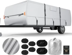Anti-UV Pop Up Folding Camper Cover Upgraded Ripstop Fit 8'-10' with Storage Bag, Waterproof Breathable Trailerable Tent Trailer Cover with Windproof 5 2 Straps