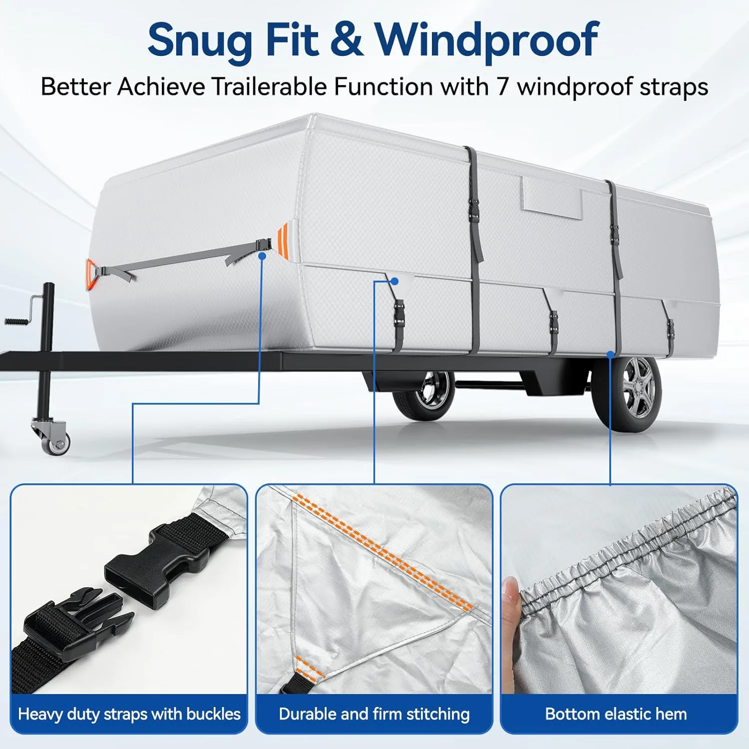 Anti-UV Pop Up Folding Camper Cover Upgraded Ripstop Fit 8'-10' with Storage Bag, Waterproof Breathable Trailerable Tent Trailer Cover with Windproof 5 2 Straps