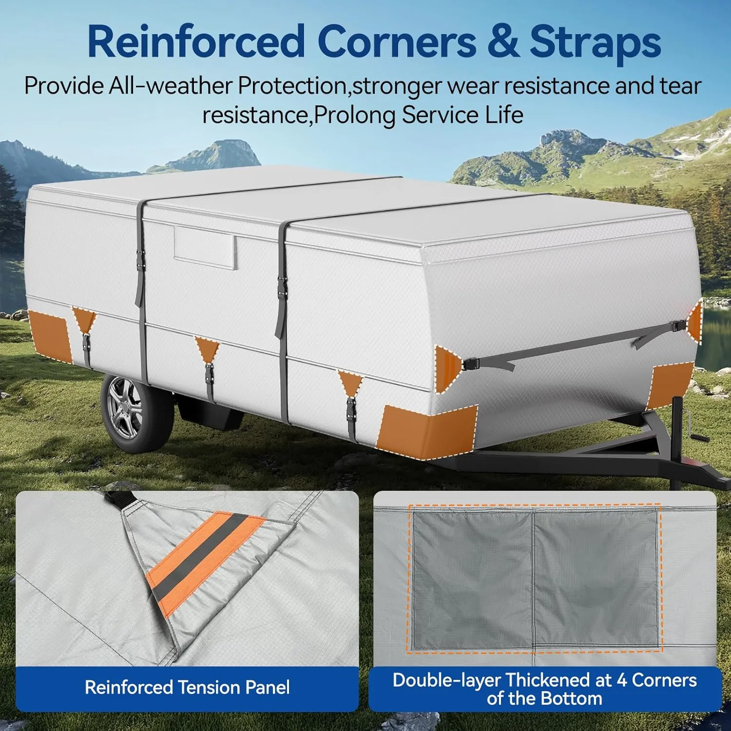 Anti-UV Pop Up Folding Camper Cover Upgraded Ripstop Fit 8'-10' with Storage Bag, Waterproof Breathable Trailerable Tent Trailer Cover with Windproof 5 2 Straps