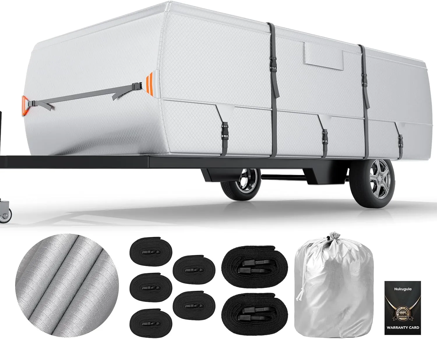 Anti-UV Pop Up Folding Camper Cover Upgraded Ripstop Fit 8'-10' with Storage Bag, Waterproof Breathable Trailerable Tent Trailer Cover with Windproof 5 2 Straps