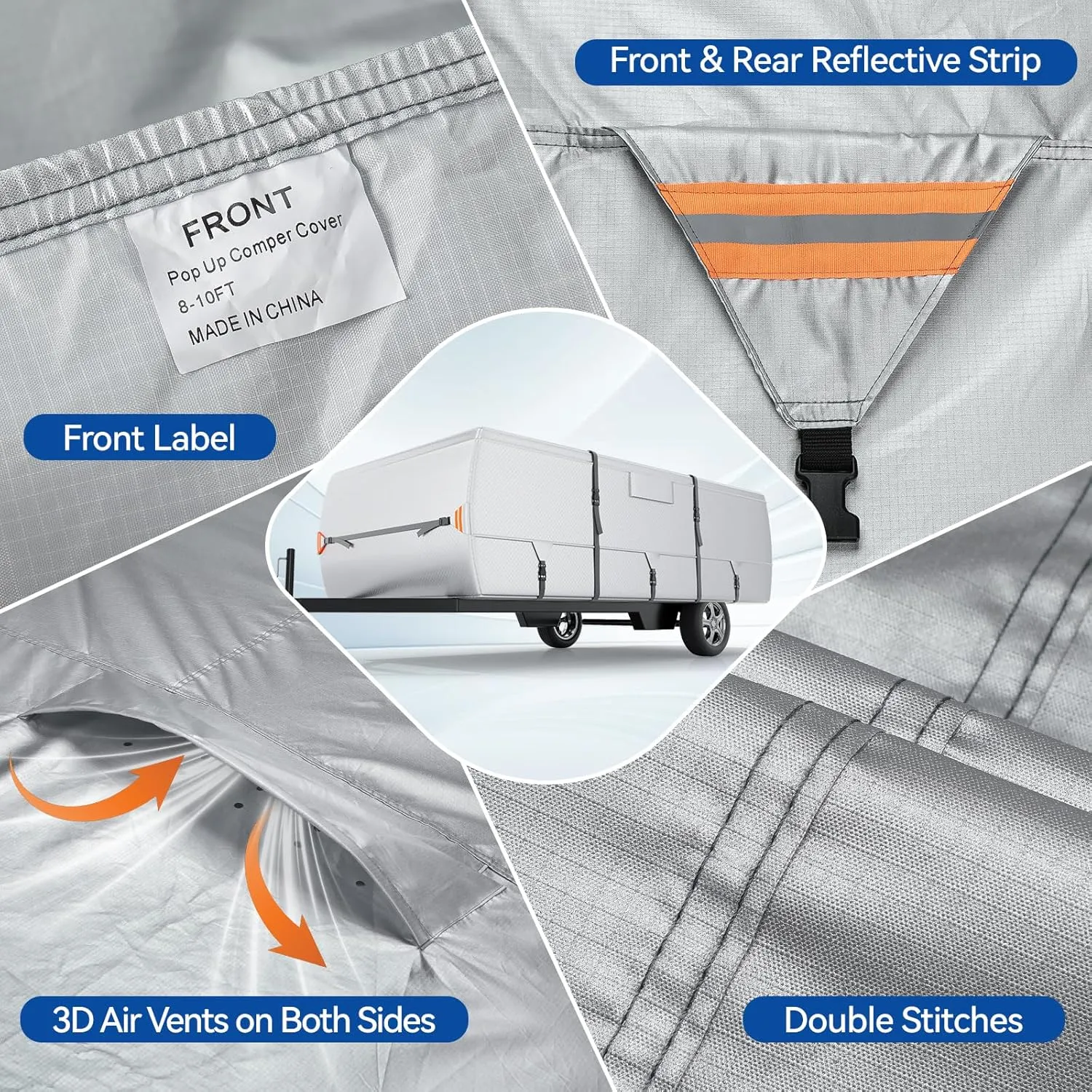 Anti-UV Pop Up Folding Camper Cover Upgraded Ripstop Fit 8'-10' with Storage Bag, Waterproof Breathable Trailerable Tent Trailer Cover with Windproof 5 2 Straps