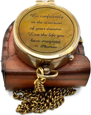 Antique Brass 2 Inch Compass |Go Confidently in The Direction of Your Dreams | Engraved Pocket Chain Compass with Leather Case for Outdoor Hiking Traveling Use
