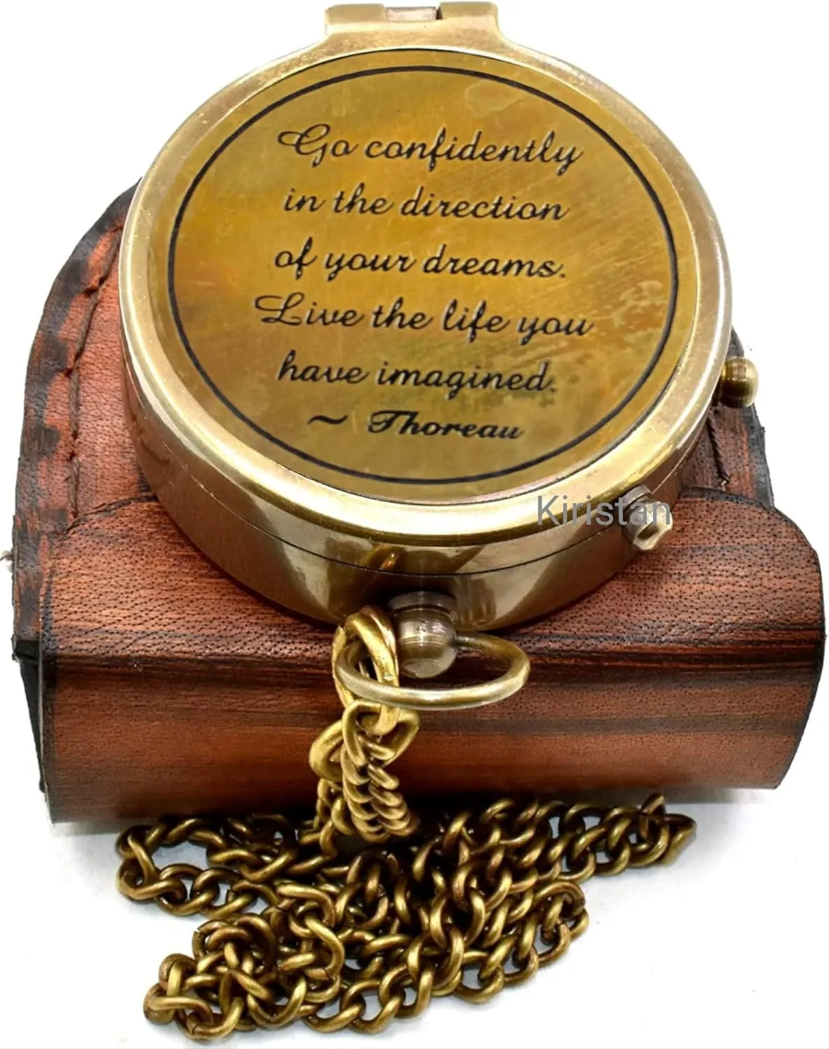 Antique Brass 2 Inch Compass |Go Confidently in The Direction of Your Dreams | Engraved Pocket Chain Compass with Leather Case for Outdoor Hiking Traveling Use