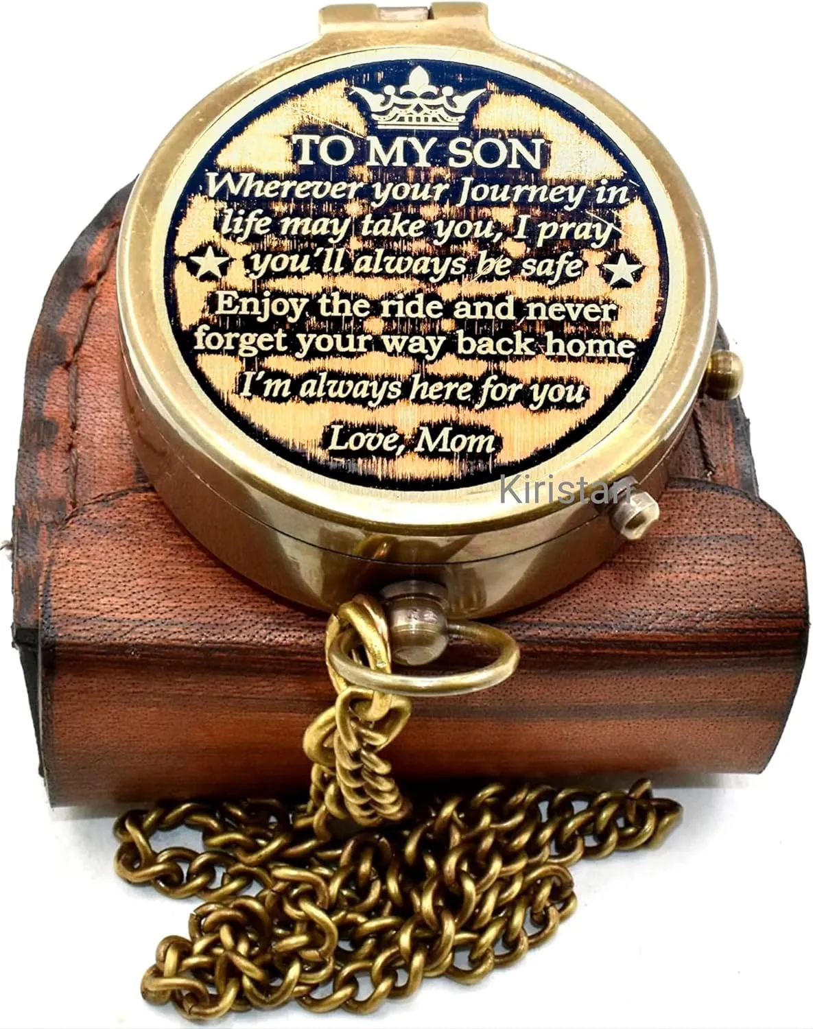 Antique Brass 2 Inch Compass | to My Son I'm Always here for You | Engraved Pocket Chain Compass with Leather Case for Outdoor Hiking Traveling Use