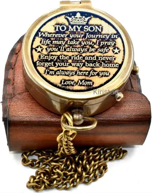 Antique Brass 2 Inch Compass | to My Son I'm Always here for You | Engraved Pocket Chain Compass with Leather Case for Outdoor Hiking Traveling Use