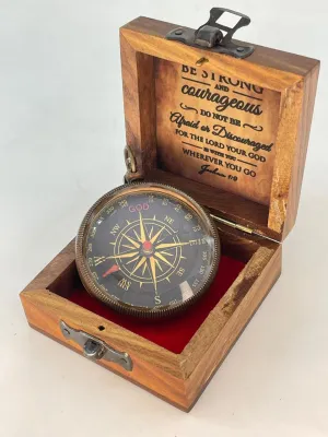 Antique Brass Compass Gift, Pocket Sundial Compass with Engraved Quote Be Strong and Courageous Perfect Compass Gifts for Men, Vintage Nautical Compass