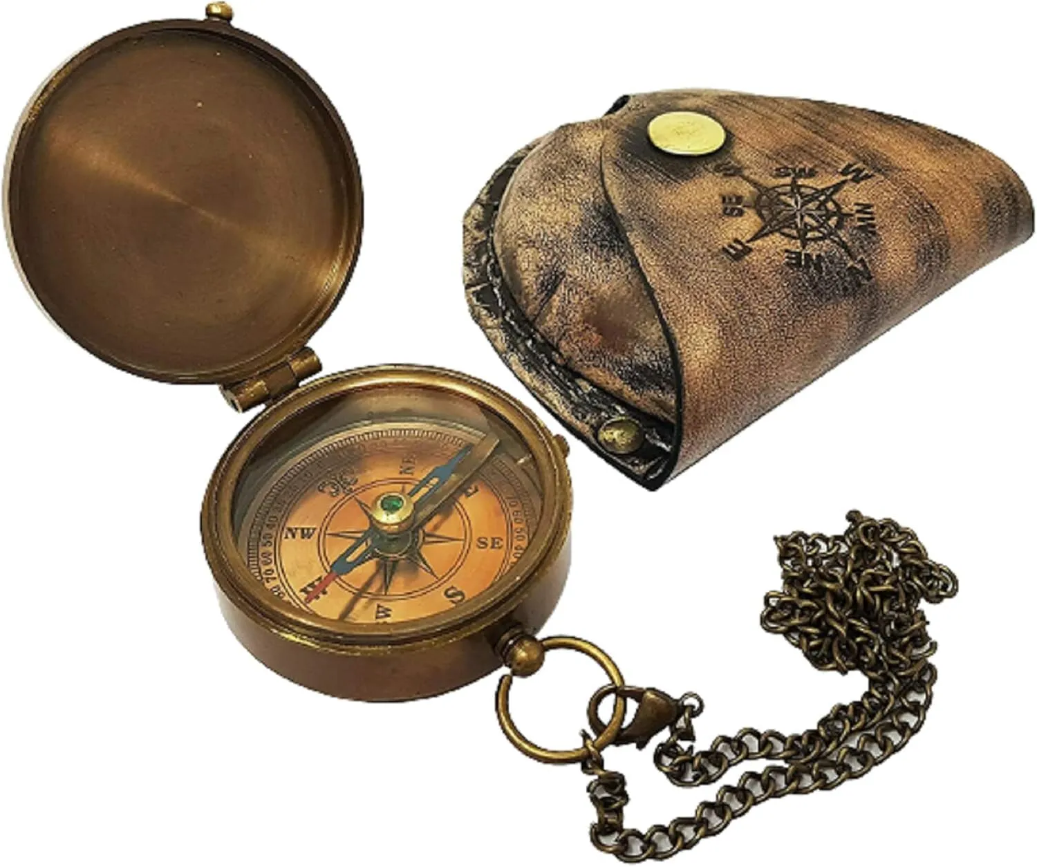 Antique Brass Compass Nautical Pocket Backpacking Compass with Leather Case for Camping & Hiking