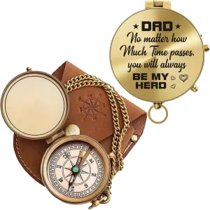 Antique Brass Engraved Compass with Leather Case – Personalized Pocket Compass for to My Dad – Vintage Nautical Gift for Anniversary, and Outdoor Adventures (Polish My Dad-2)