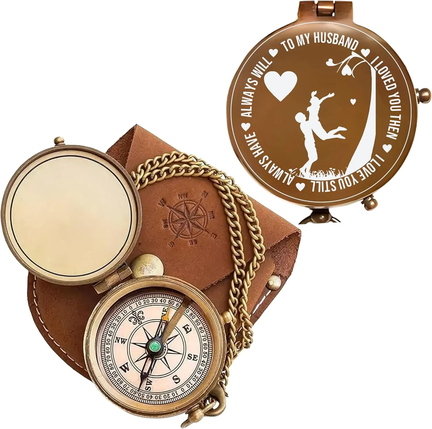 Antique Brass Engraved Compass with Leather Case – to My Husband Personalized Pocket Compass – Vintage Nautical Gift for Anniversary, Birthday & Outdoor Adventures (Antique My Husband-1)