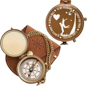 Antique Brass Engraved Compass with Leather Case – to My Husband Personalized Pocket Compass – Vintage Nautical Gift for Anniversary, Birthday & Outdoor Adventures (Antique My Husband-1)
