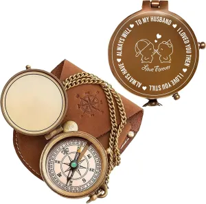Antique Brass Engraved Compass with Leather Case – to My Husband Personalized Pocket Compass – Vintage Nautical Gift for Anniversary, Birthday & Outdoor Adventures (Antique My Husband-4)