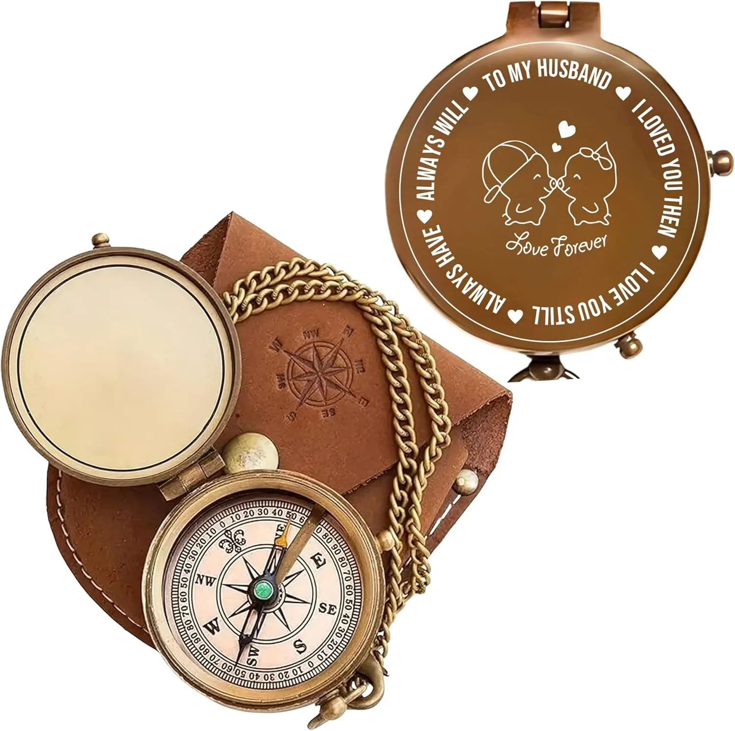 Antique Brass Engraved Compass with Leather Case – to My Husband Personalized Pocket Compass – Vintage Nautical Gift for Anniversary, Birthday & Outdoor Adventures (Antique My Husband-4)