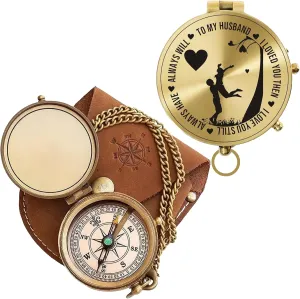 Antique Brass Engraved Compass with Leather Case – to My Husband Personalized Pocket Compass – Vintage Nautical Gift for Anniversary, Birthday & Outdoor Adventures (Polish My Husband-1)