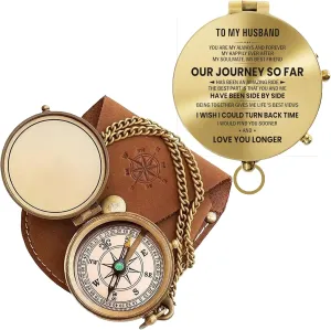 Antique Brass Engraved Compass with Leather Case – to My Husband Personalized Pocket Compass – Vintage Nautical Gift for Anniversary, Birthday & Outdoor Adventures (Polish My Husband-7)