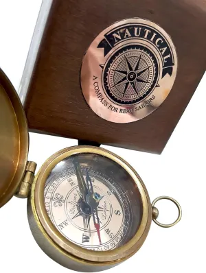 Antique Brass Nautical Compass with Brown Wooden Box Engraved Navigational Compass Directional Magnetic Compass Antique Nautical Vintage Quote Engraved Marine Sailor Compass