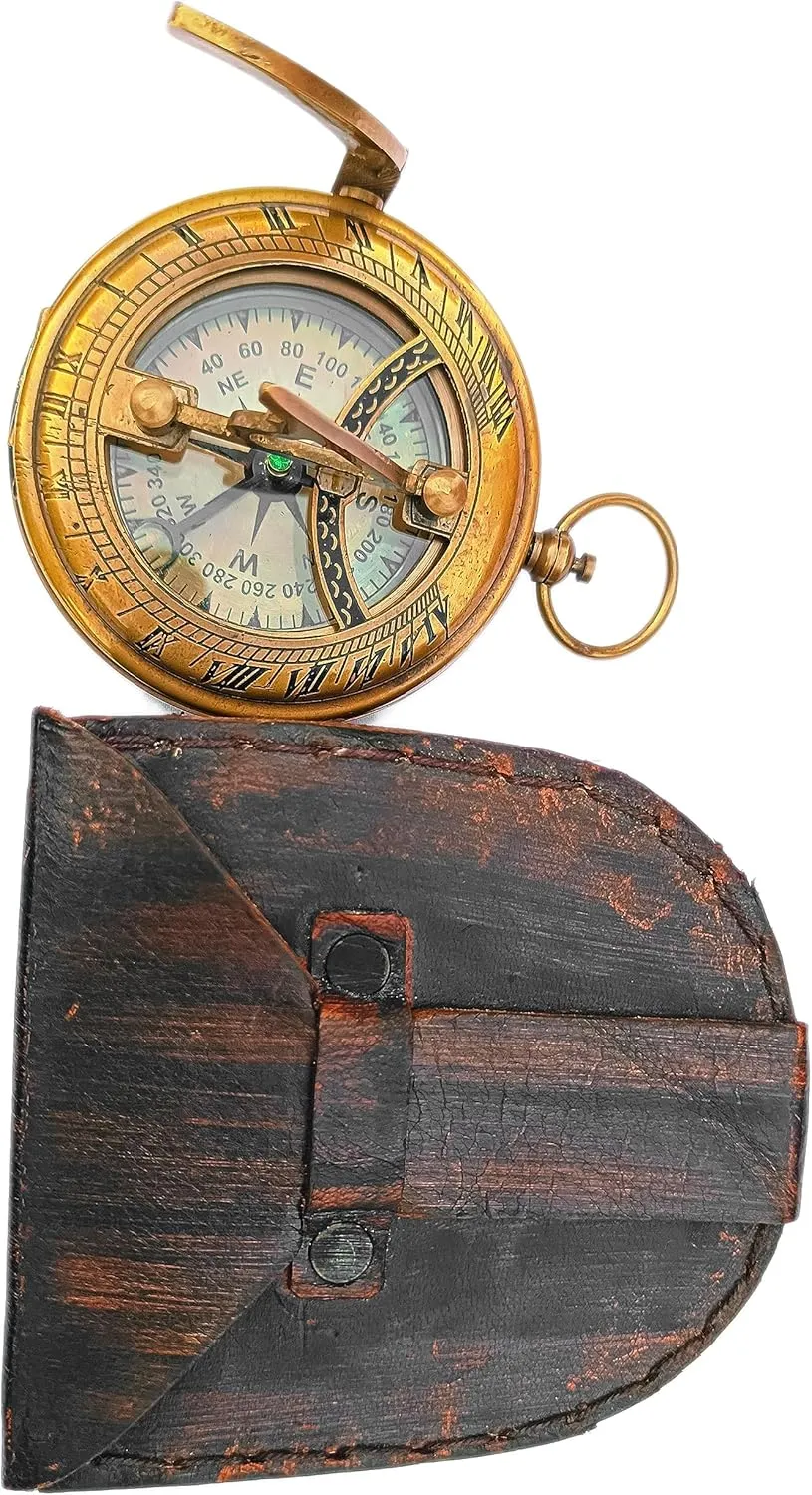 Antique Brass Sundial Compass with Leather Case - Vintage Brass & Copper Sundial Compass -Premium Sundial Compass in Premium Leather Case -Sundial for Camping, Hiking, Touring - Engraved Gift for Him