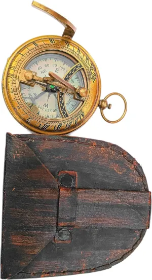 Antique Brass Sundial Compass with Leather Case - Vintage Brass & Copper Sundial Compass -Premium Sundial Compass in Premium Leather Case -Sundial for Camping, Hiking, Touring - Engraved Gift for Him