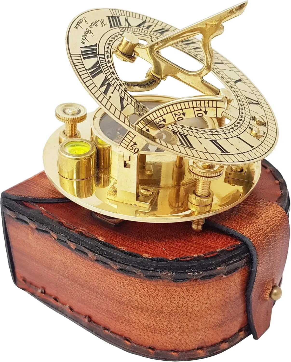 Antique-Style Brass Sundial Compass Detailed Navigation Instrument with Top Grain Leather Case Boys Girls Teenage Kids Be Strong & Courageous