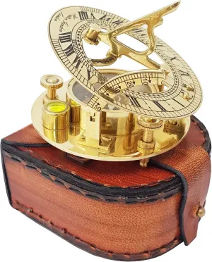 Antique-Style Brass Sundial Compass Detailed Navigation Instrument with Top Grain Leather Case Boys Girls Teenage Kids Be Strong & Courageous