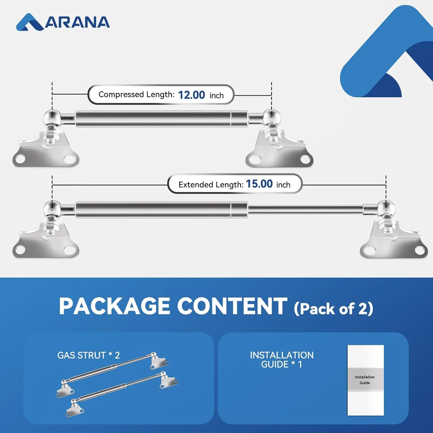 ARANA Stainless Gas Struts 15 inch 10lbs, Marine Gas Struts 15 inch 44N with Brackets, Hydraulic Lift Support Hinges for Light Duty Cabinet Door Lid Tool Storage Box(Fit 8-11lb Lid), 2 Pcs