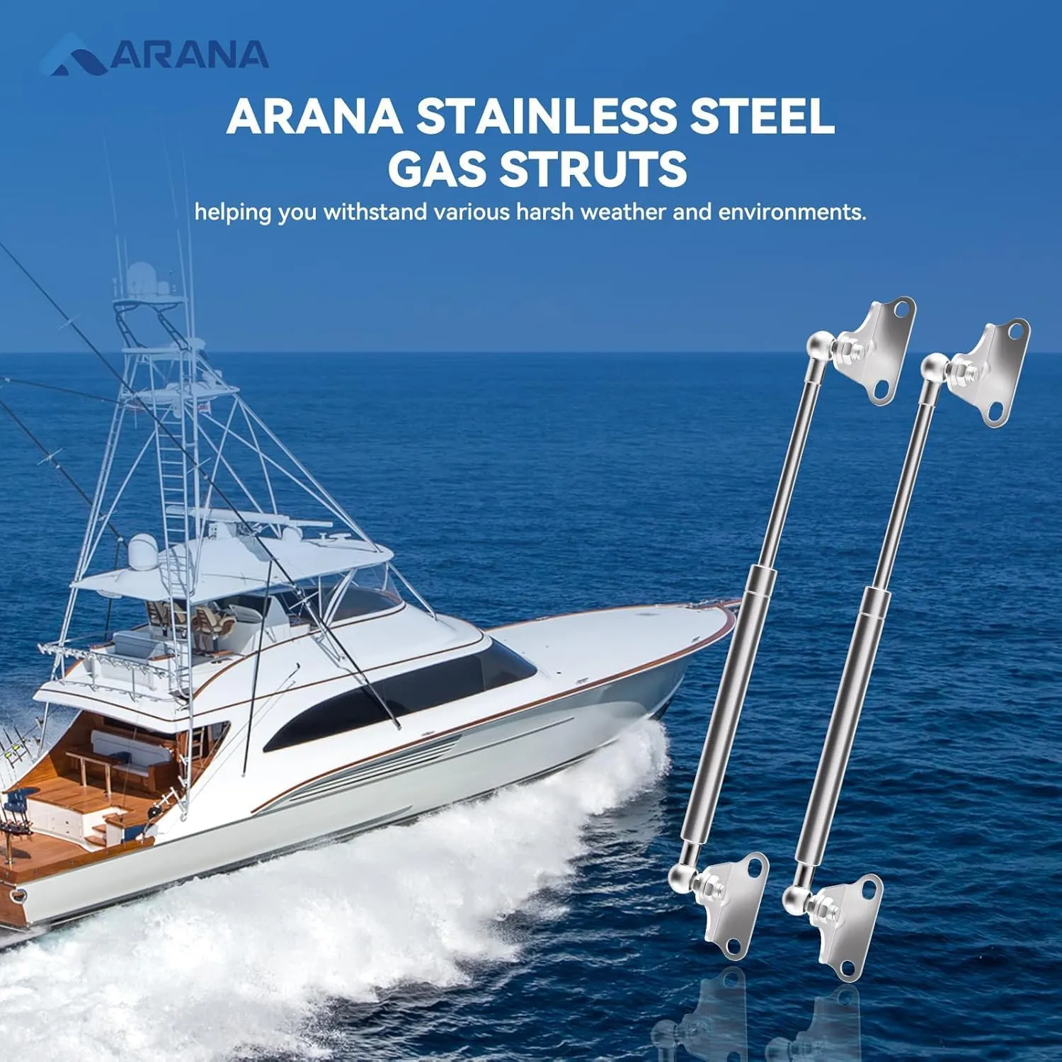 ARANA Stainless Gas Struts 15 inch 10lbs, Marine Gas Struts 15 inch 44N with Brackets, Hydraulic Lift Support Hinges for Light Duty Cabinet Door Lid Tool Storage Box(Fit 8-11lb Lid), 2 Pcs