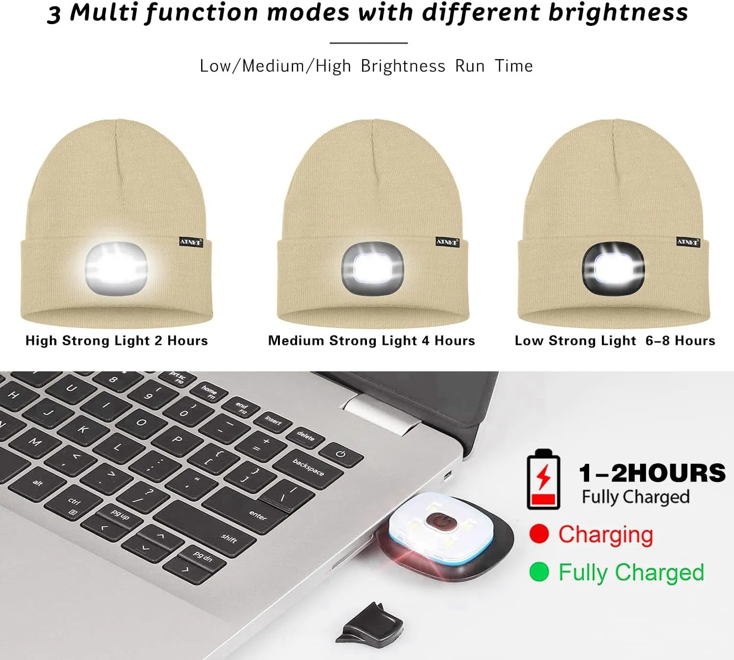 ATNKE 2Pcs LED Lighted Beanie Hat,USB Rechargeable 4 LED Running Headlamp Bright Cap with Light Gifts for Men and Women