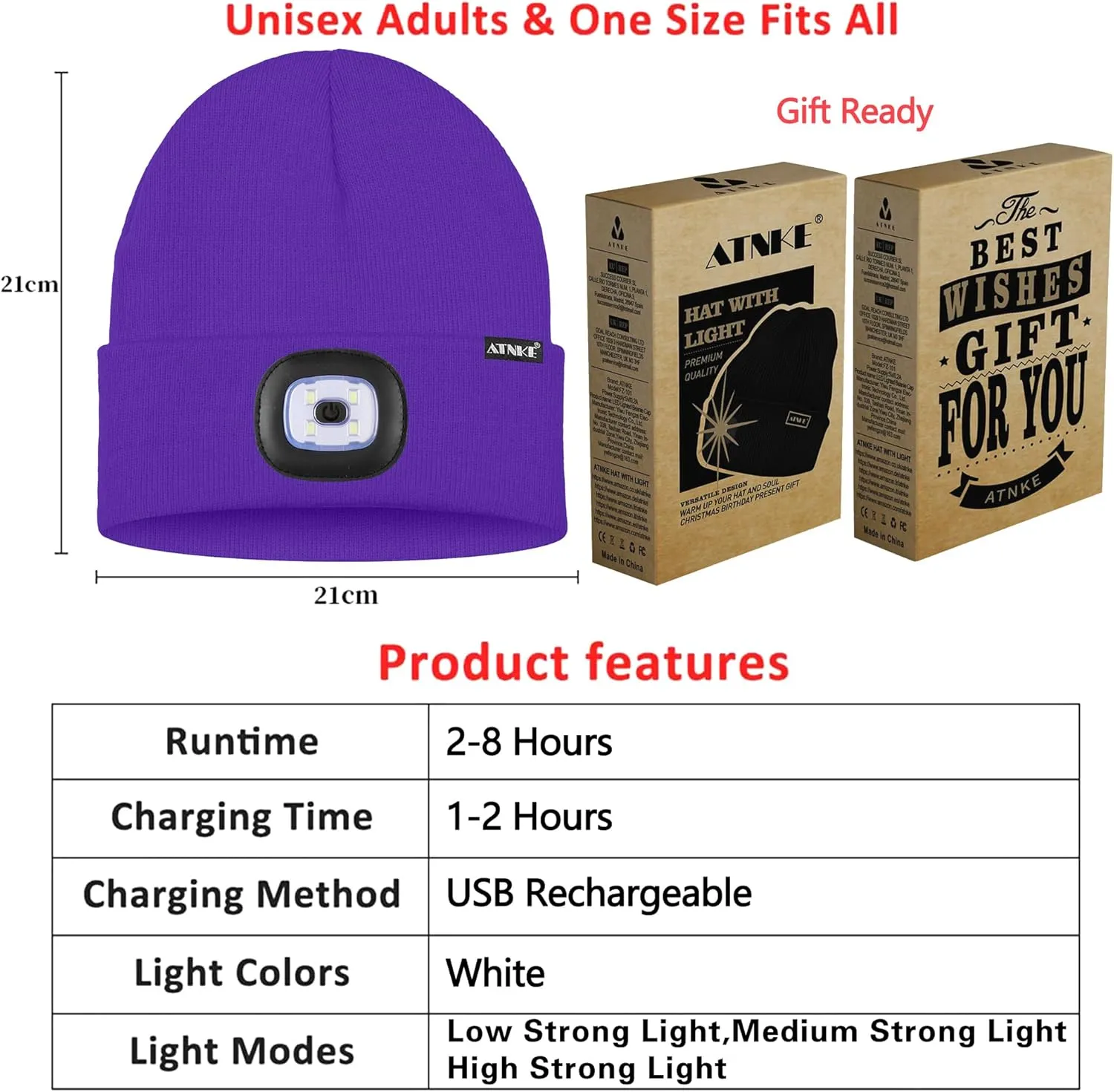 ATNKE 2Pcs LED Lighted Beanie Hat,USB Rechargeable 4 LED Running Headlamp Bright Cap with Light Gifts for Men and Women