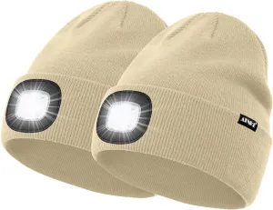ATNKE 2Pcs LED Lighted Beanie Hat,USB Rechargeable 4 LED Running Headlamp Bright Cap with Light Gifts for Men and Women