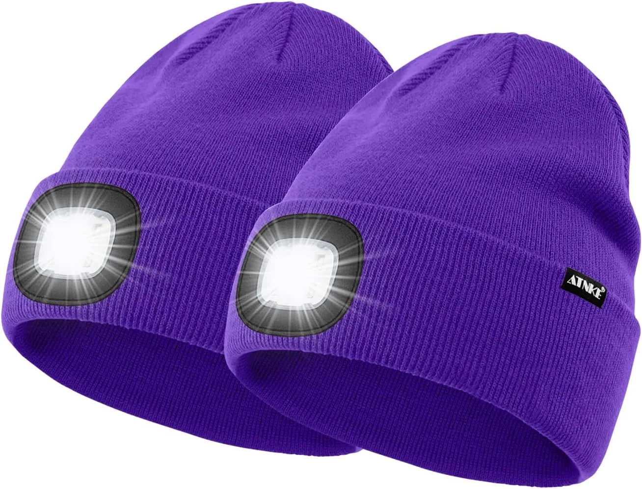 ATNKE 2Pcs LED Lighted Beanie Hat,USB Rechargeable 4 LED Running Headlamp Bright Cap with Light Gifts for Men and Women