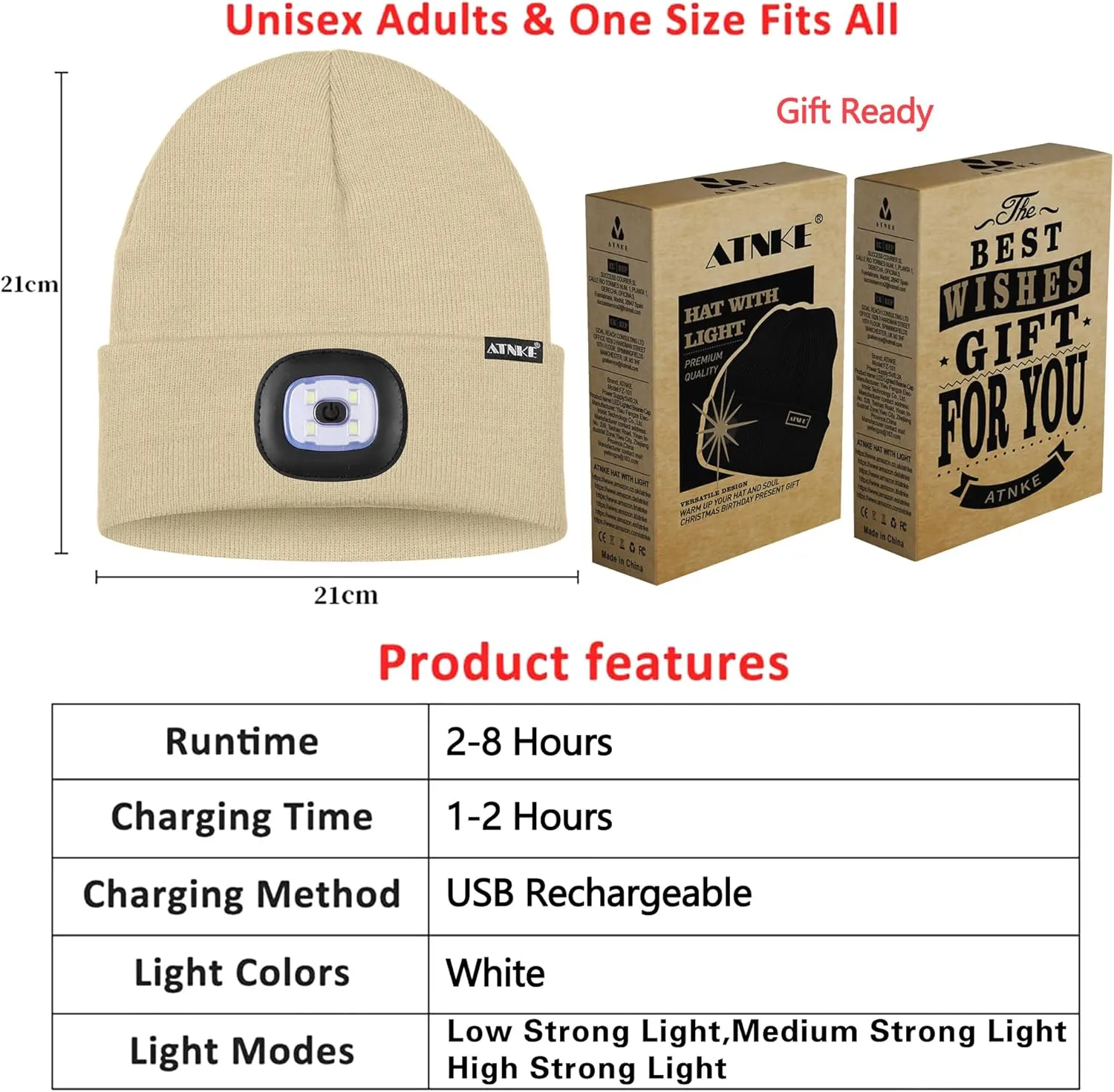 ATNKE 2Pcs LED Lighted Beanie Hat,USB Rechargeable 4 LED Running Headlamp Bright Cap with Light Gifts for Men and Women