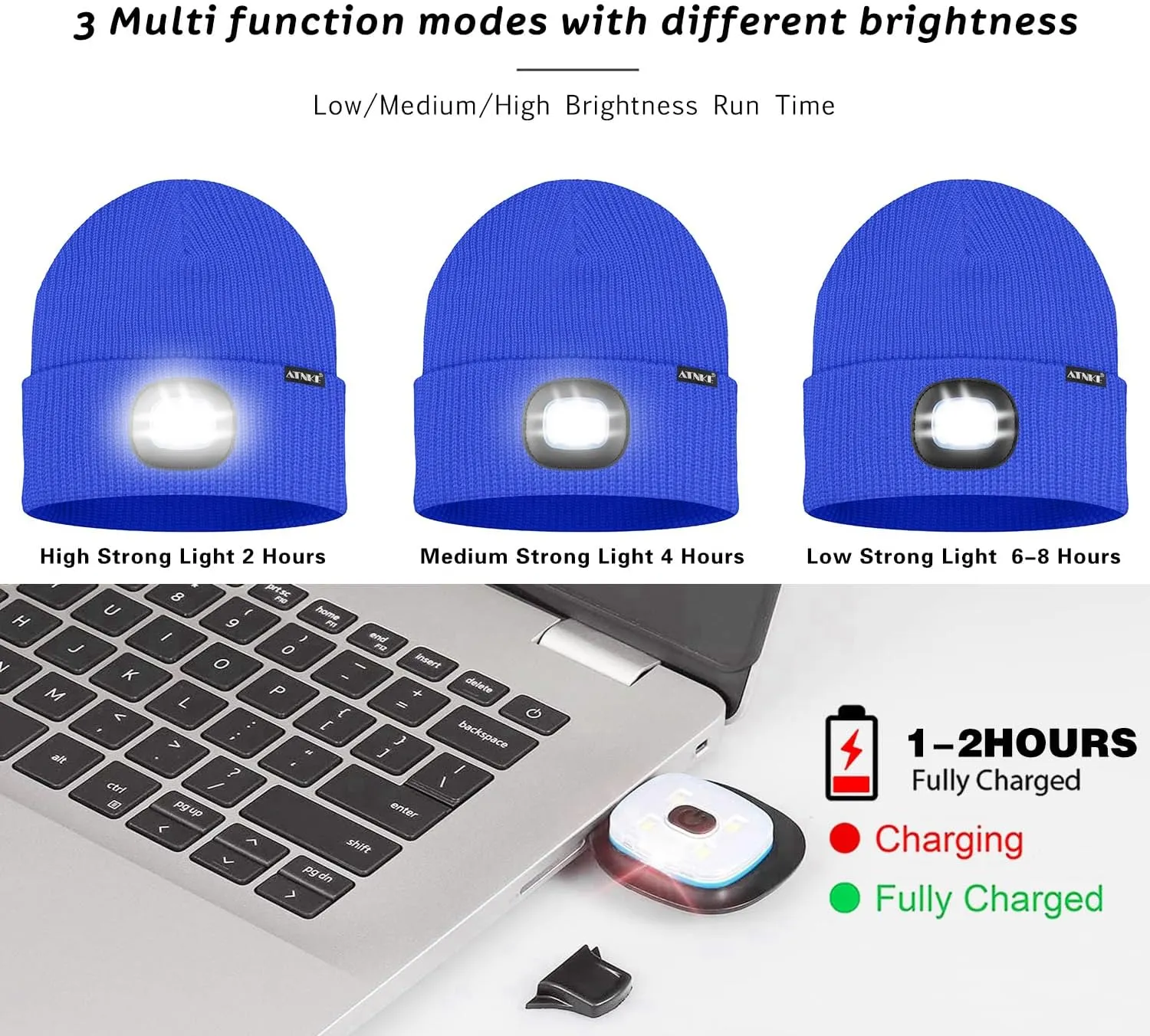 ATNKE LED Beanie with The Light, Unisex USB Rechargeable 4 LED Running Headlamp Bright Caps Gifts for Men Dad and Women