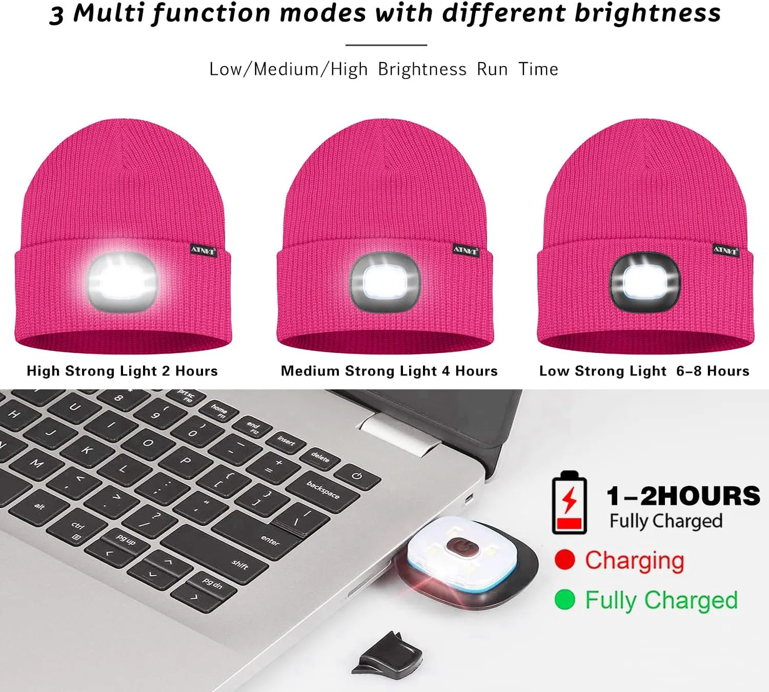 ATNKE LED Beanie with The Light, Unisex USB Rechargeable 4 LED Running Headlamp Bright Caps Gifts for Men Dad and Women