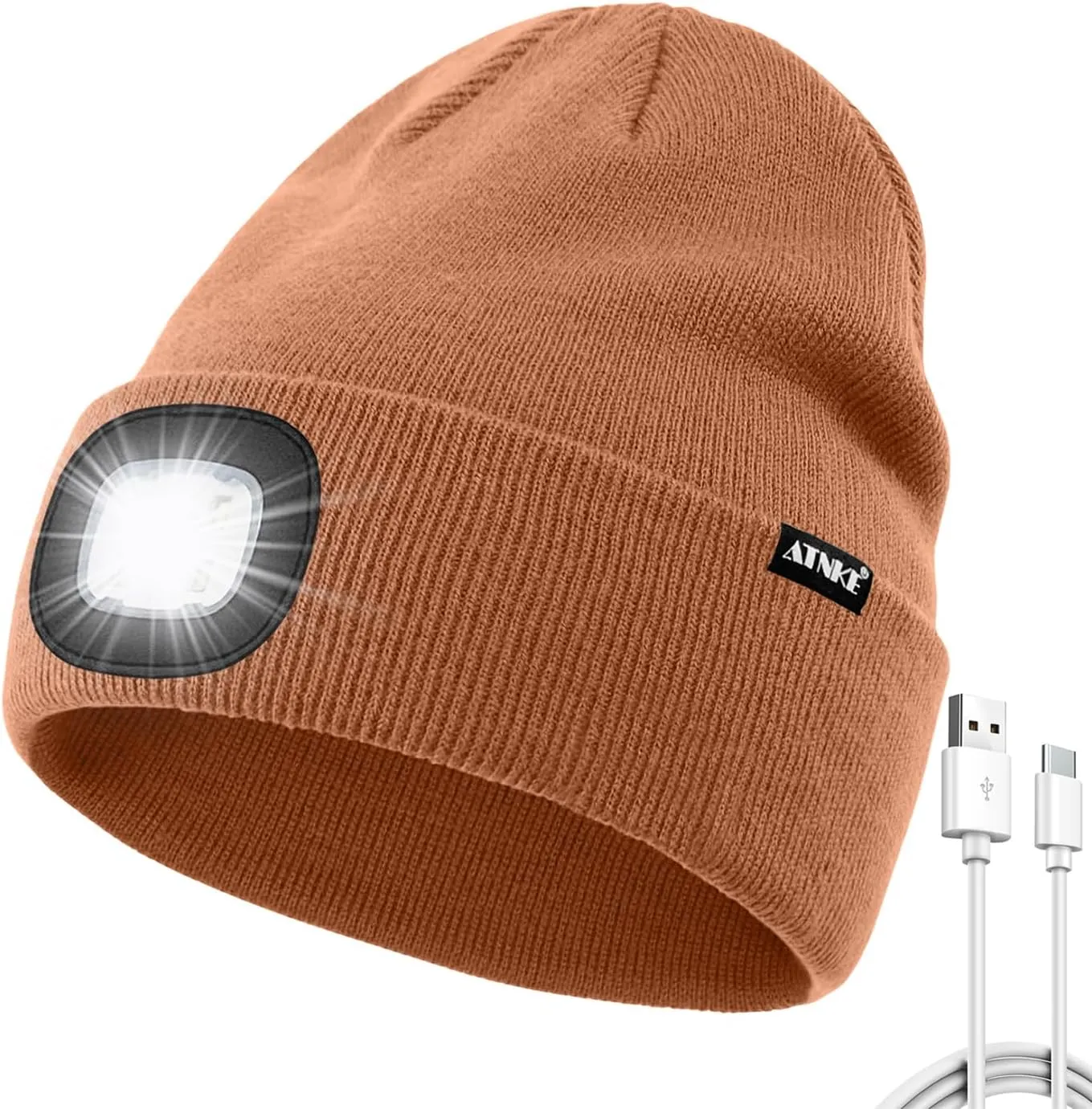 ATNKE LED Beanie with The Light, USB Type C Rechargeable 4 LED Running Headlamp Bright Caps Gifts for Men Dad and Women