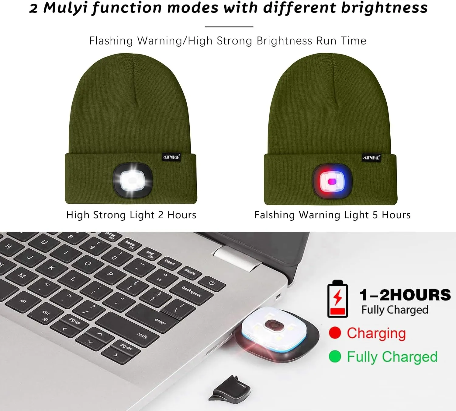 ATNKE LED Lighted Beanie Hat,USB Rechargeable 4 LED Red and Blue Flashed Run Headlamp Lined Fleece Cap for Men and Women