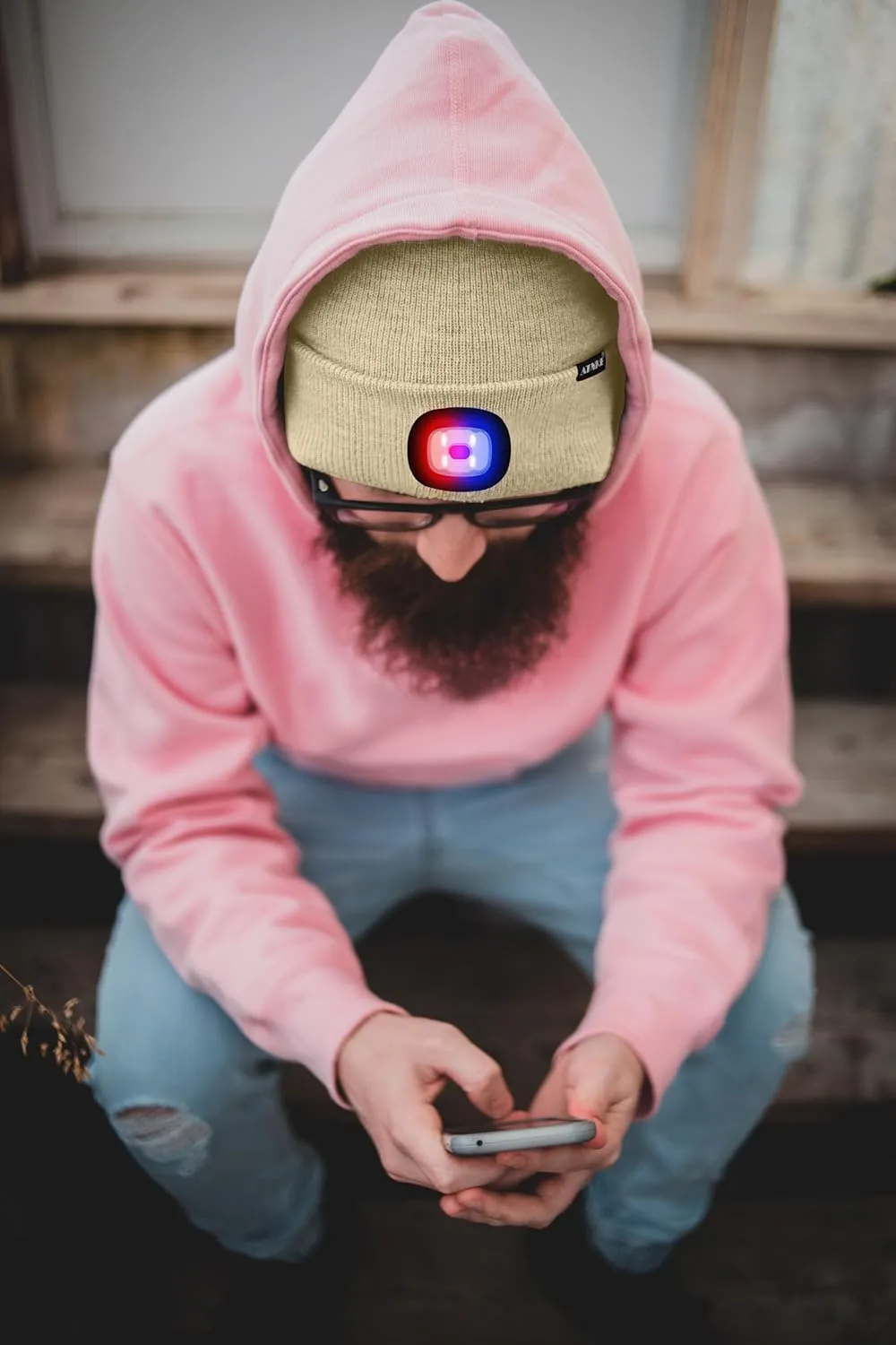 ATNKE LED Lighted Beanie Hat,USB Rechargeable 4 LED Red and Blue Flashed Run Headlamp Lined Fleece Cap for Men and Women