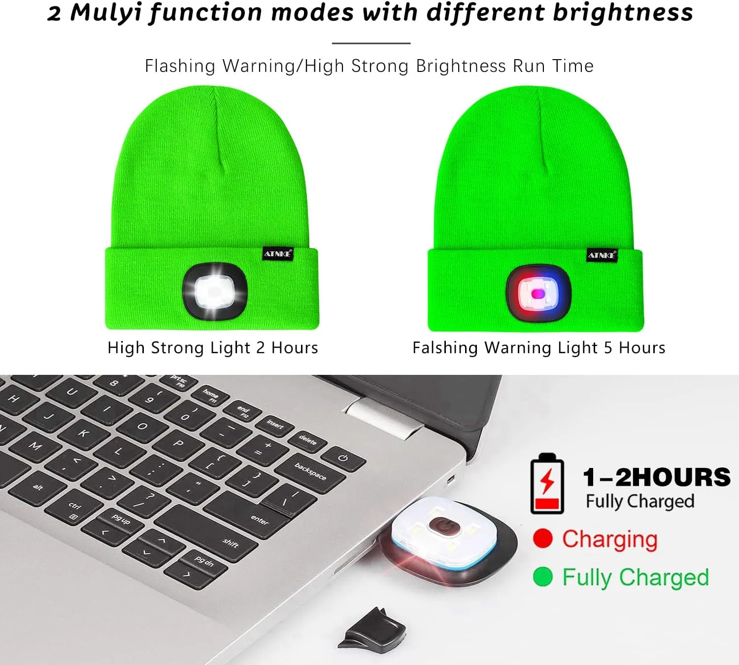 ATNKE LED Lighted Beanie Hat,USB Rechargeable 4 LED Red and Blue Flashed Run Headlamp Lined Fleece Cap for Men and Women