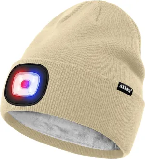 ATNKE LED Lighted Beanie Hat,USB Rechargeable 4 LED Red and Blue Flashed Run Headlamp Lined Fleece Cap for Men and Women