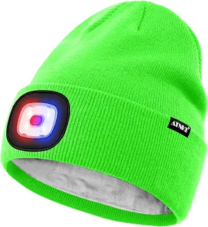 ATNKE LED Lighted Beanie Hat,USB Rechargeable 4 LED Red and Blue Flashed Run Headlamp Lined Fleece Cap for Men and Women