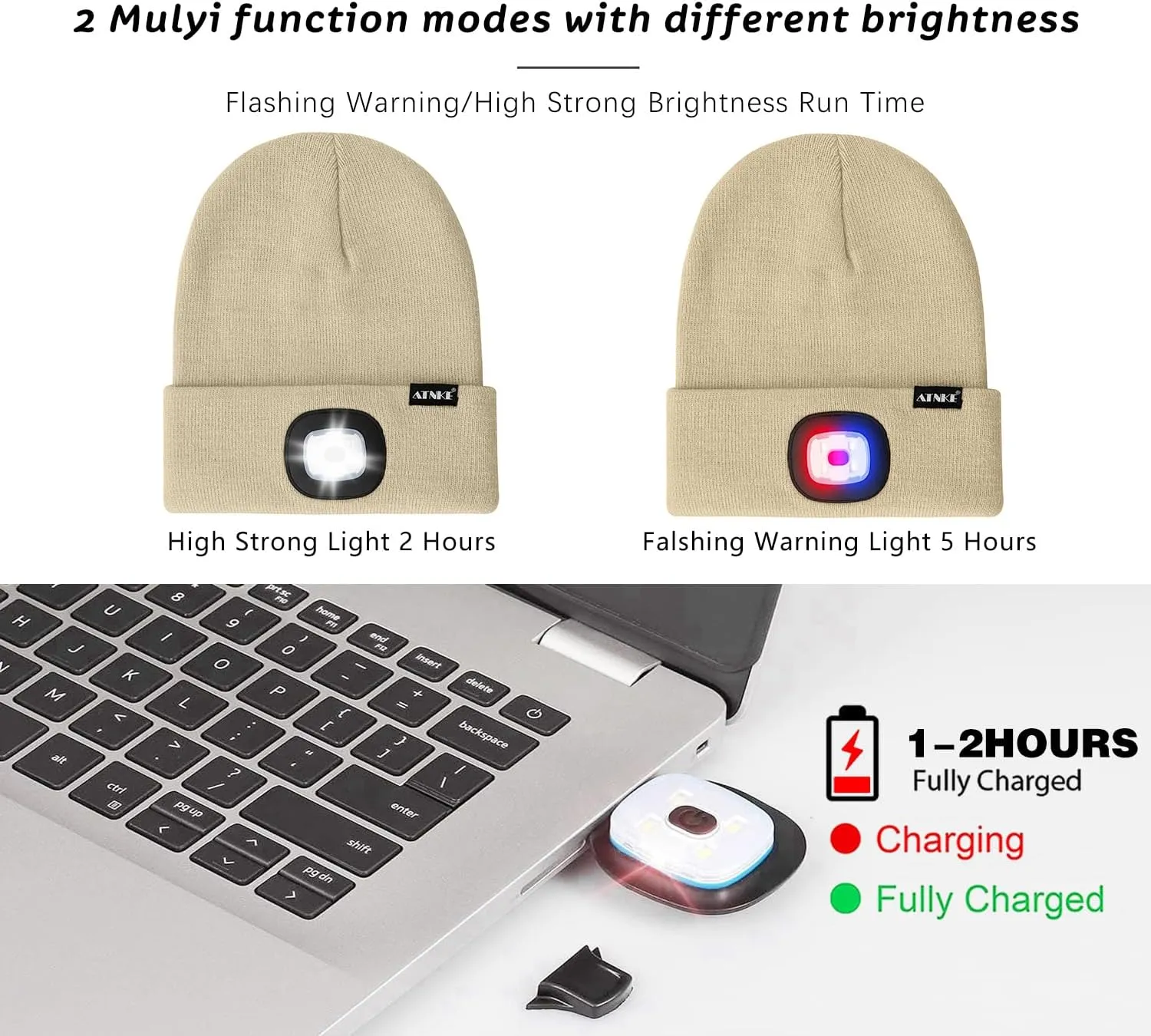 ATNKE LED Lighted Beanie Hat,USB Rechargeable 4 LED Red and Blue Flashed Run Headlamp Lined Fleece Cap for Men and Women