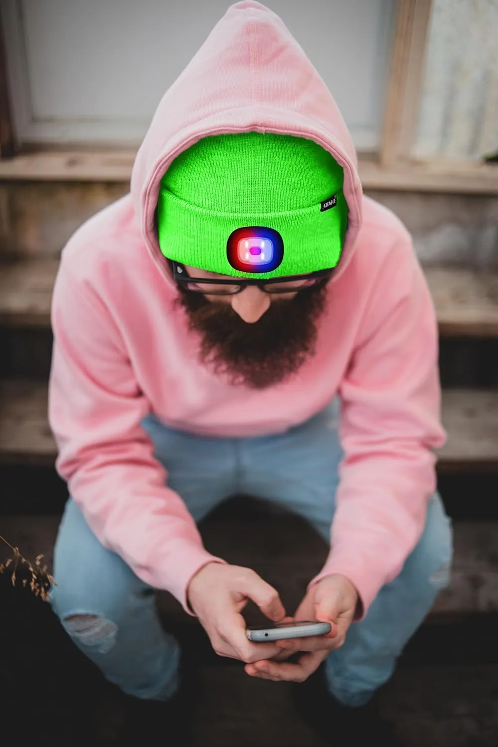 ATNKE LED Lighted Beanie Hat,USB Rechargeable 4 LED Red and Blue Flashed Run Headlamp Lined Fleece Cap for Men and Women