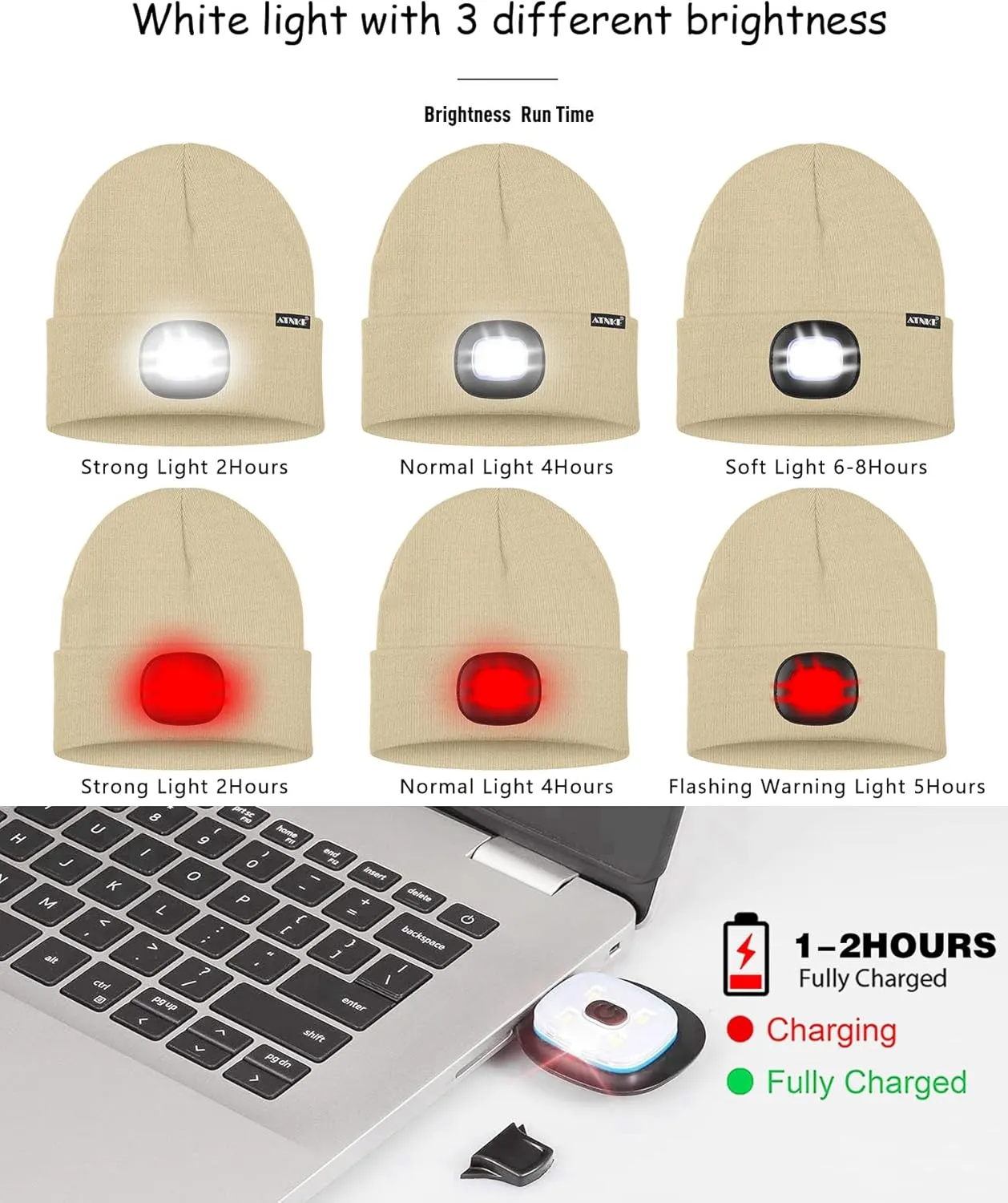 ATNKE LED Lighted Beanie Hat,USB Rechargeable 8 LED Red Glow Flashing Alarm Running Headlamp Cap Gifts for Men and Women