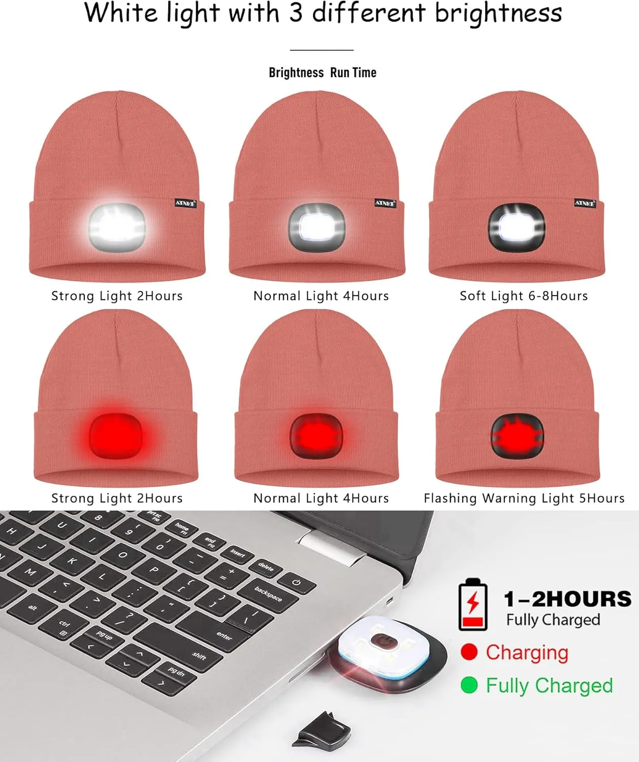ATNKE LED Lighted Beanie Hat,USB Rechargeable 8 LED Red Glow Flashing Alarm Running Headlamp Cap Gifts for Men and Women