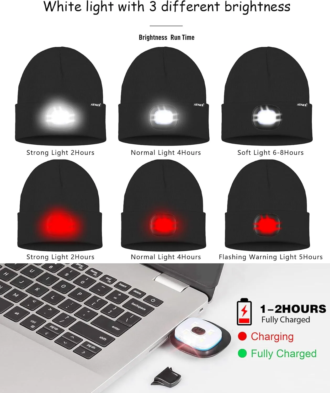 ATNKE LED Lighted Beanie Hat,USB Rechargeable 8 LED Red Glow Flashing Alarm Running Headlamp Cap Gifts for Men and Women