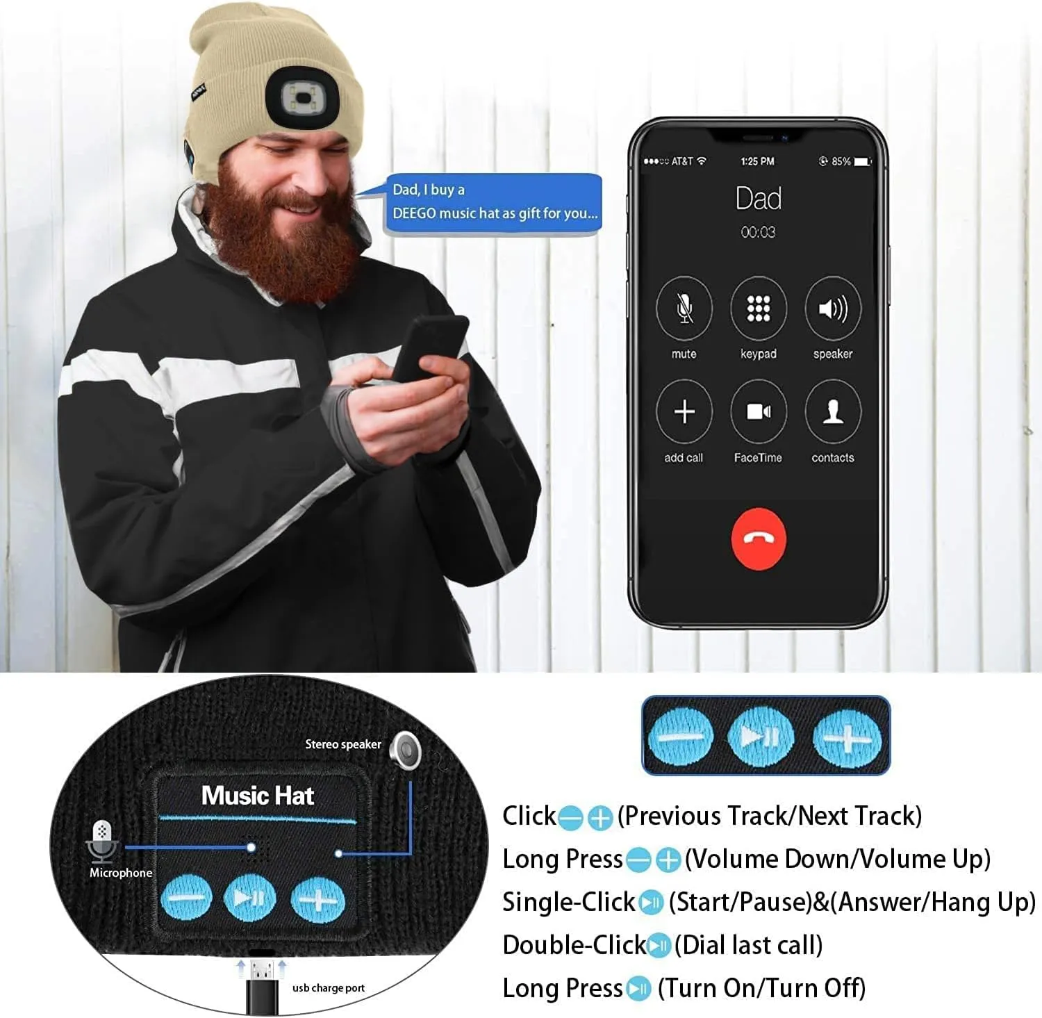 ATNKE LED Lighted Bluetooth Beanie Hat,USB Rechargeable 4 LED Wireless Music Running Headlamp Cap Gift for Men and Women