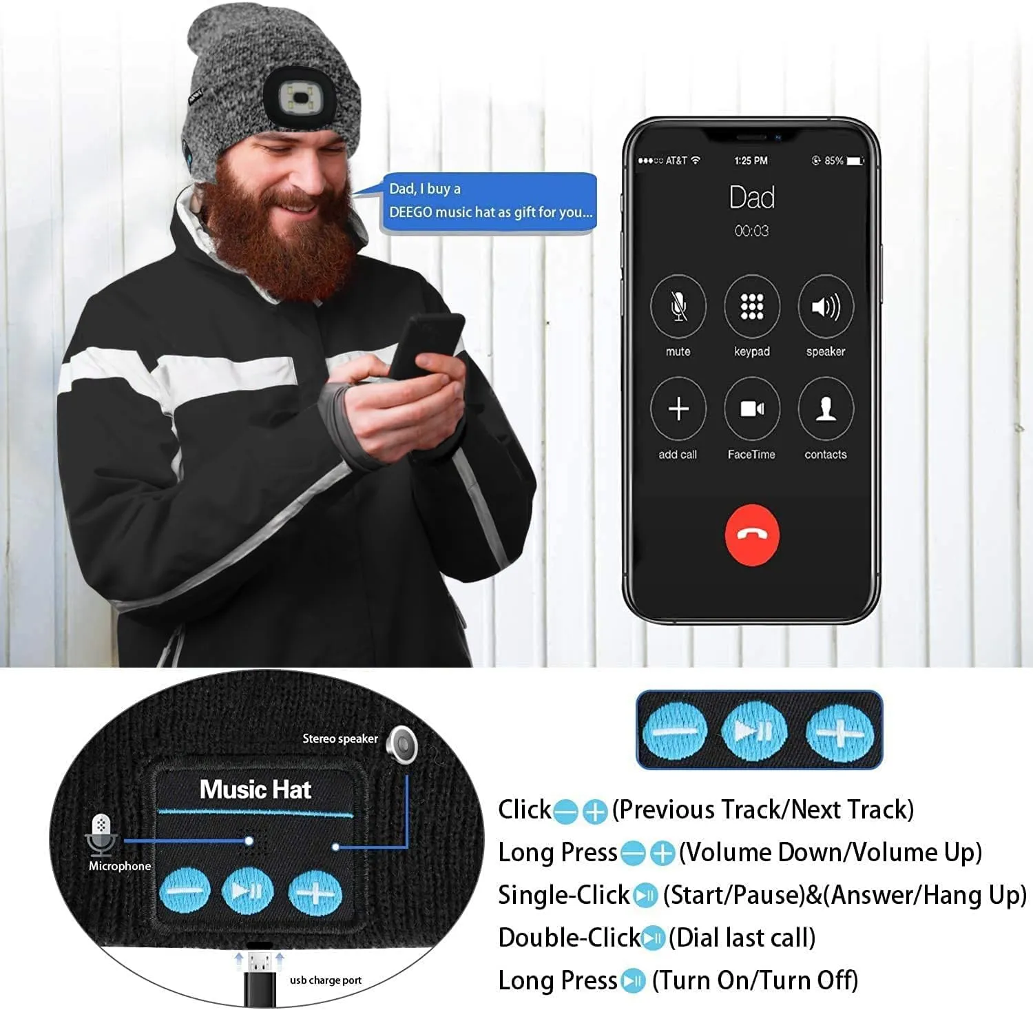 ATNKE LED Lighted Bluetooth Beanie Hat,USB Rechargeable 4 LED Wireless Music Running Headlamp Cap Gift for Men and Women